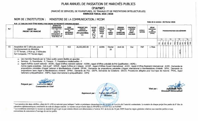 Plan annuel de passation de marchés publics, MCOM, exercice 2025-2026