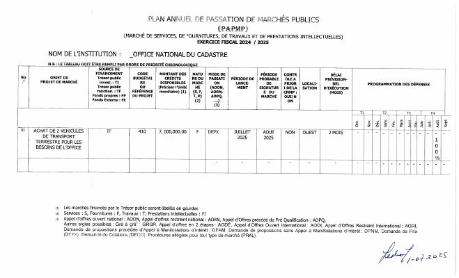 Plan annuel de passation de marchés publics, ONACA, exercice 2024-2025