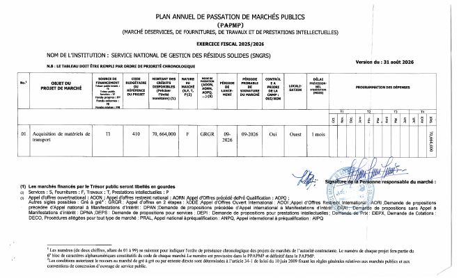 Plan annuel de passation de marchés publics, SNGRS, exercice 2025-2026