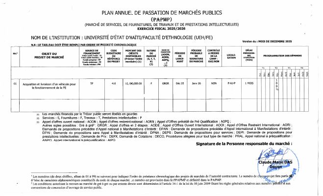 Plan annuel de passation de marchés publics, UEH-FE, exercice 2025-2026