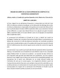 (2015-06) Summary of the CSCCA judgment of 2015-06-05: Affaire relative à l’audit de la gestion financière de la Mairie des Côtes-de-Fer
