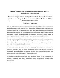 (2016-04) Summary of the CSCCA judgment of 2016-04-19: Recours exercé par la dame Nadège Tham contre la décision de révocation prise à son encontre par le directeur général de la Radio Nationale d’Haïti, M