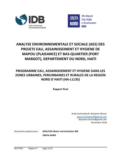 Environmental and Social Analysis of the Water, Sanitation and Hygiene Projects at Mapou (Plaisance) and Bas-Quartier (Port-Margot), Nord Department