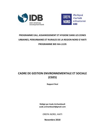 HA-L1135: Environmental and Social Management Framework (CGES) of the IDB Water, Sanitation and Hygiene Program for Urban, Peri-urban and Rural Areas of the Nord Region