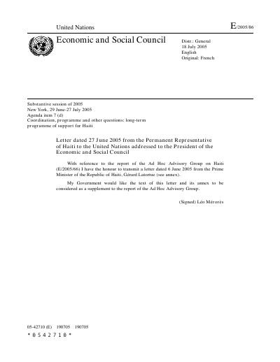 E/2005/86 : Lettre du Représentant permanent d'Haïti transmettant la réponse du Premier Ministre au rapport du Groupe consultatif ad hoc sur Haïti