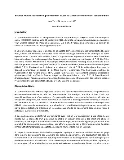 Réunion ministérielle du Groupe consultatif ad hoc du Conseil économique et social sur Haïti, New York, 24 septembre 2026 : résumé du Président