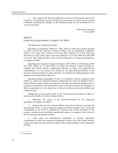 E/RES/2004/52: Pwogram sipò alontèm pou Ayiti (rezolisyon 2004/52 Konsèy Ekonomik ak Sosyal la)