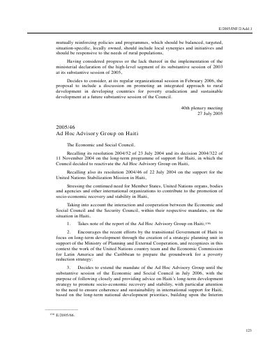 E/RES/2005/46: Ad Hoc Advisory Group on Haiti (Economic and Social Council resolution 2005/46)