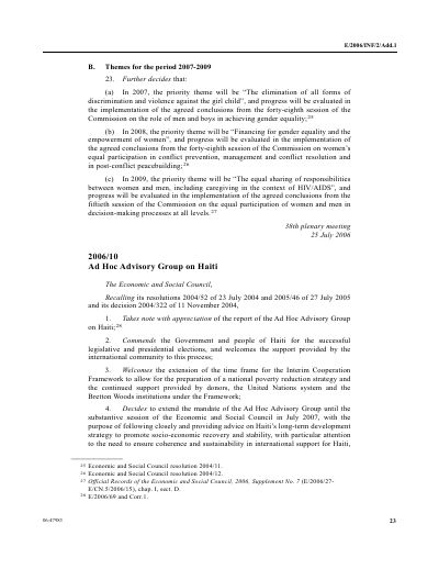 E/RES/2006/10: Ad Hoc Advisory Group on Haiti (Economic and Social Council resolution 2006/10)