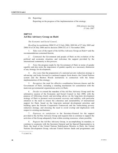 E/RES/2007/13: Ad Hoc Advisory Group on Haiti (Economic and Social Council resolution 2007/13)