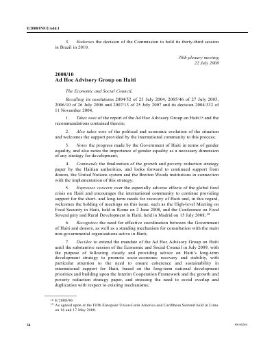 E/RES/2008/10: Ad Hoc Advisory Group on Haiti (Economic and Social Council resolution 2008/10)
