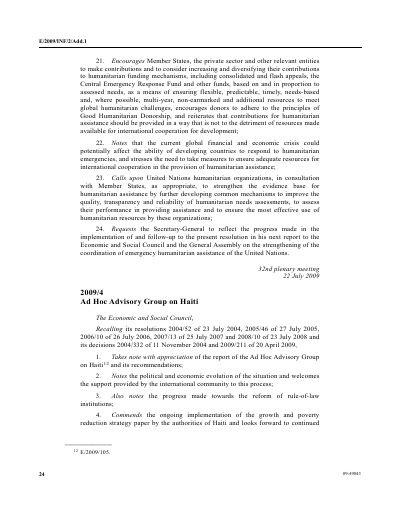 E/RES/2009/4: Ad Hoc Advisory Group on Haiti (Economic and Social Council resolution 2009/4)