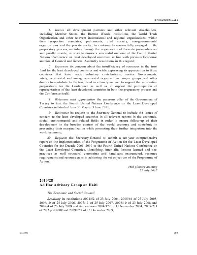 E/RES/2010/28: Ad Hoc Advisory Group on Haiti (Economic and Social Council resolution 2010/28)