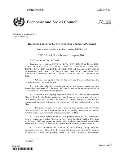 E/RES/2012/21: Ad Hoc Advisory Group on Haiti (Economic and Social Council resolution 2012/21)