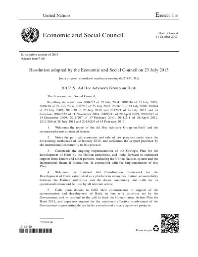 E/RES/2013/15: Ad Hoc Advisory Group on Haiti (Economic and Social Council resolution 2013/15)