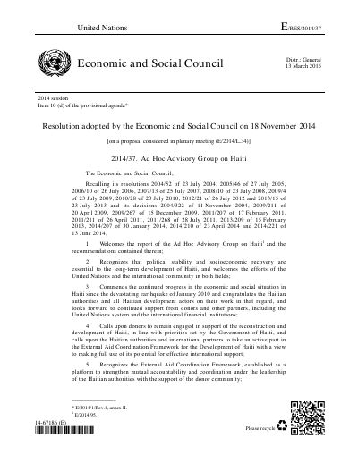 E/RES/2014/37 : Groupe consultatif ad hoc sur Haïti (résolution 2014/37 du Conseil économique et social)