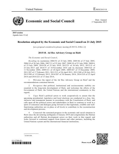E/RES/2015/18: Ad Hoc Advisory Group on Haiti (Economic and Social Council resolution 2015/18)