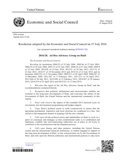 E/RES/2016/28 : Groupe consultatif ad hoc sur Haïti (résolution 2016/28 du Conseil économique et social)