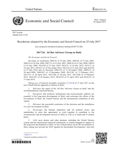 E/RES/2017/26: Ad Hoc Advisory Group on Haiti (Economic and Social Council resolution 2017/26)