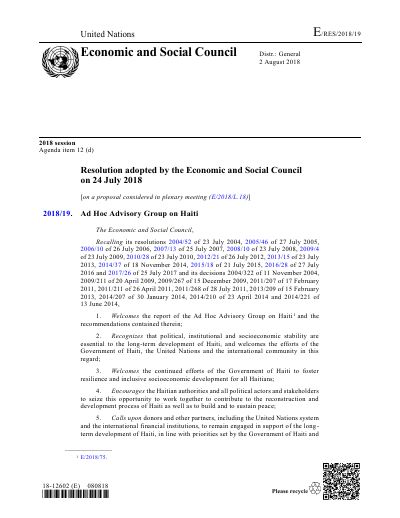 E/RES/2018/19: Ad Hoc Advisory Group on Haiti (Economic and Social Council resolution 2018/19)