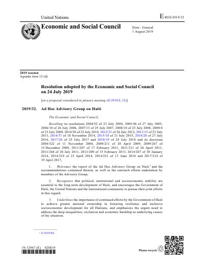 E/RES/2019/32: Ad Hoc Advisory Group on Haiti (Economic and Social Council resolution 2019/32)