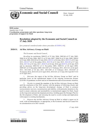 E/RES/2020/11: Ad Hoc Advisory Group on Haiti (Economic and Social Council resolution 2020/11)