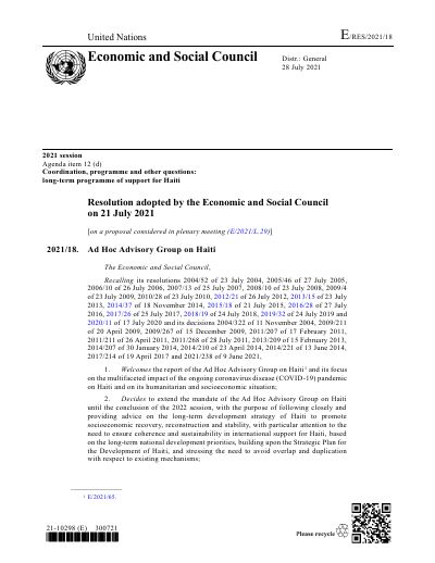 E/RES/2021/18 : Groupe consultatif ad hoc sur Haïti (résolution 2021/18 du Conseil économique et social)