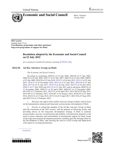 E/RES/2022/20 : Groupe consultatif ad hoc sur Haïti (résolution 2022/20 du Conseil économique et social)