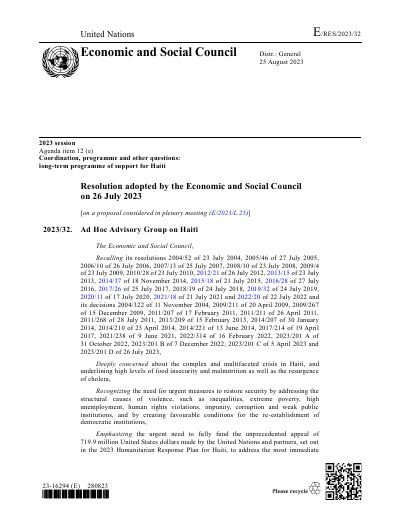 E/RES/2023/32 : Groupe consultatif ad hoc sur Haïti (résolution 2023/32 du Conseil économique et social)