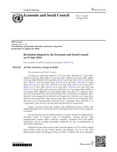 E/RES/2024/20 : Groupe consultatif ad hoc sur Haïti (résolution 2024/20 du Conseil économique et social)