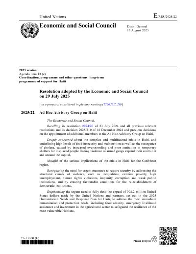 E/RES/2025/22 : Groupe consultatif ad hoc sur Haïti (résolution 2025/22 du Conseil économique et social)
