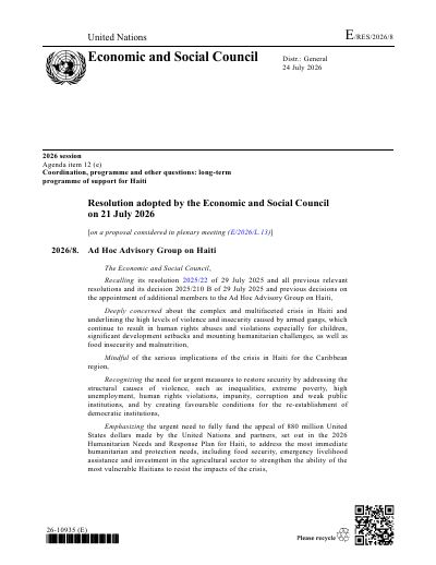 E/RES/2026/8 : Groupe consultatif ad hoc sur Haïti (résolution 2026/8 du Conseil économique et social)