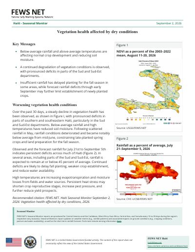 Haiti Seasonal Monitor: Vegetation health affected by dry conditions, 2 September 2026