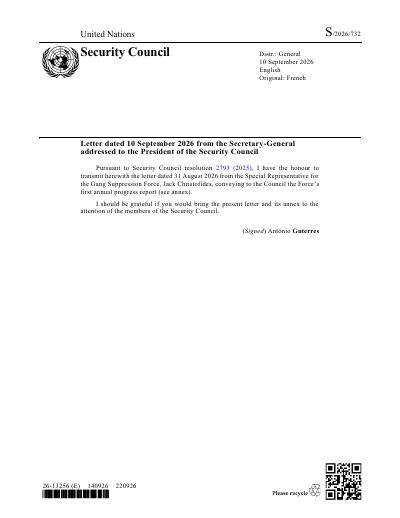 S/2026/732: Gang Suppression Force in Haiti, First Annual Progress Report, April to August 2026