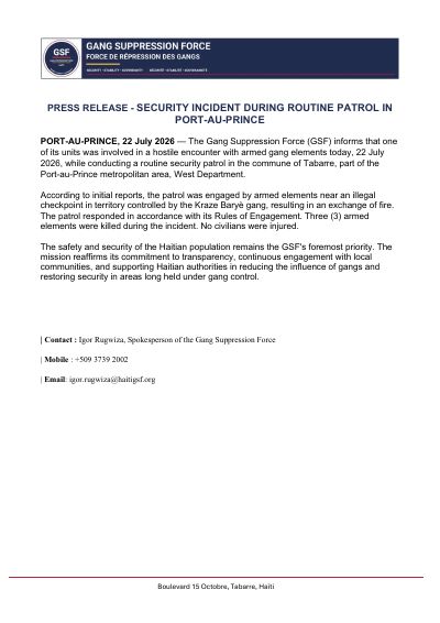 Press release: security incident during routine patrol in Tabarre, 22 July 2026