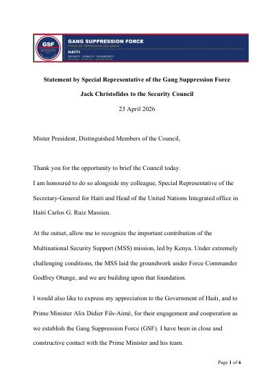 Statement by the Special Representative of the Gang Suppression Force to the Security Council, 23 April 2026