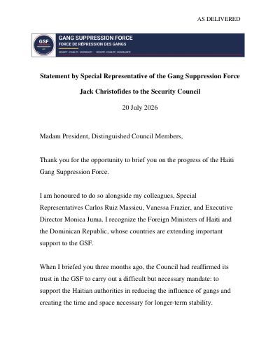 Statement by the Special Representative of the Gang Suppression Force to the Security Council, 20 July 2026