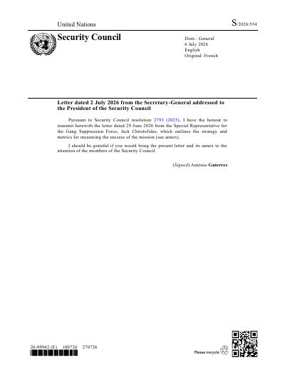 Gang Suppression Force strategy and metrics for measuring the success of the mission (S/2026/554)