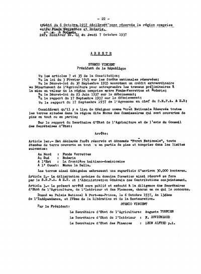 Arrêté of 6 October 1937 declaring a National Forest between Fonds-Verrettes and Bodarie