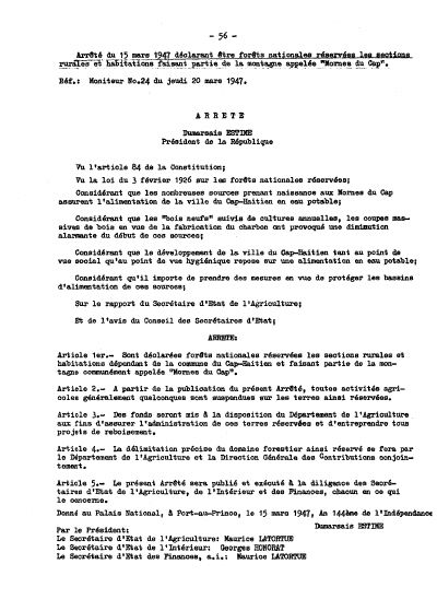 Arrêté of 15 March 1947 declaring the Mornes du Cap reserved national forests