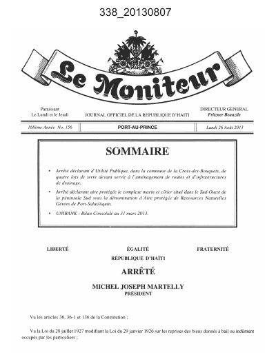 Arrêté of 7 August 2013 declaring the Jérémie to Abricots marine and coastal complex a protected area, Le Moniteur No. 156 of 26 August 2013