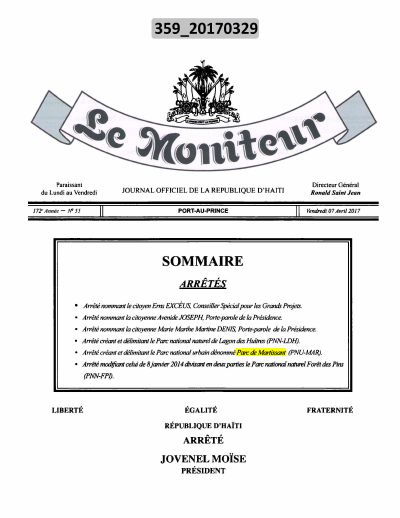 Arrêtés créant le Parc national naturel de Lagon des Huîtres et le Parc national urbain de Martissant, et modifiant la division du Parc national naturel Forêt des Pins, Le Moniteur no 55 du 7 avril 2017