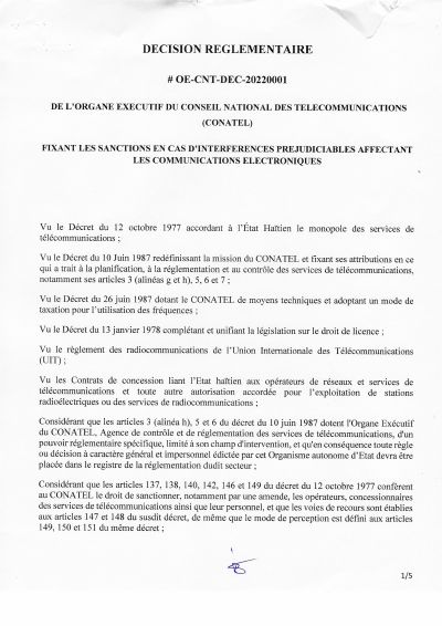CONATEL regulatory decision OE-CNT-DEC-20220001 of 31 March 2022 setting sanctions for harmful interference affecting electronic communications