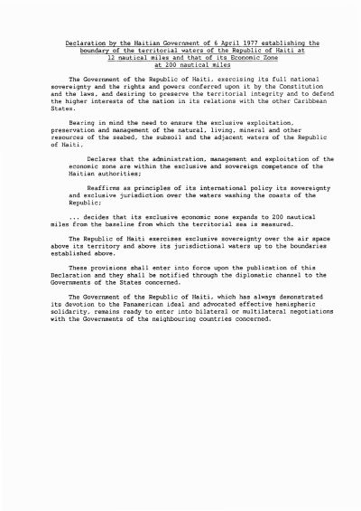Declaration of 6 April 1977 setting the territorial waters at 12 nautical miles and the economic zone at 200
