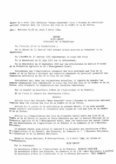 Decree of 4 April 1944 declaring La Gonâve and La Tortue reserved zones
