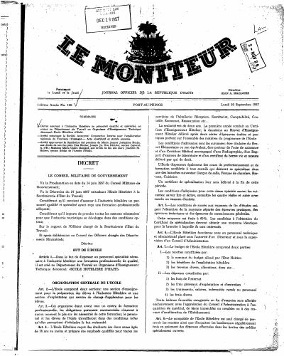 Decree Creating a Hotel Training Body at the Department of Labour, Le Moniteur of 30 September 1957