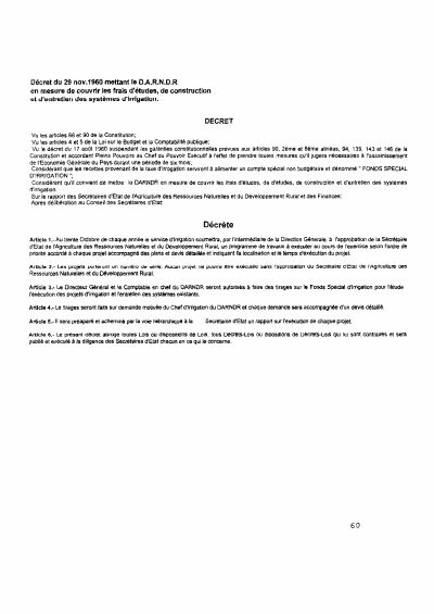 Decree of 29 November 1960 enabling DARNDR to cover irrigation study, construction and maintenance costs