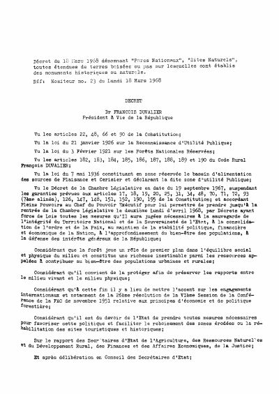 Décret du 18 mars 1968 dénommant Parcs Nationaux et Sites Naturels toutes étendues de terres, boisées ou non, sur lesquelles sont établis des monuments historiques ou naturels