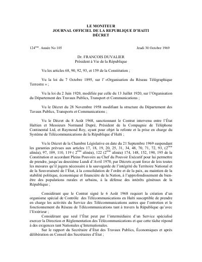Decree of 27 September 1969 creating the Conseil National des Télécommunications (Le Moniteur, 124th year No. 105, 30 October 1969)