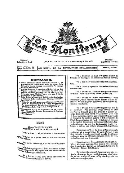 Decree of 1983 declaring the areas around Morne La Visite and Pic Macaya Natural National Parks